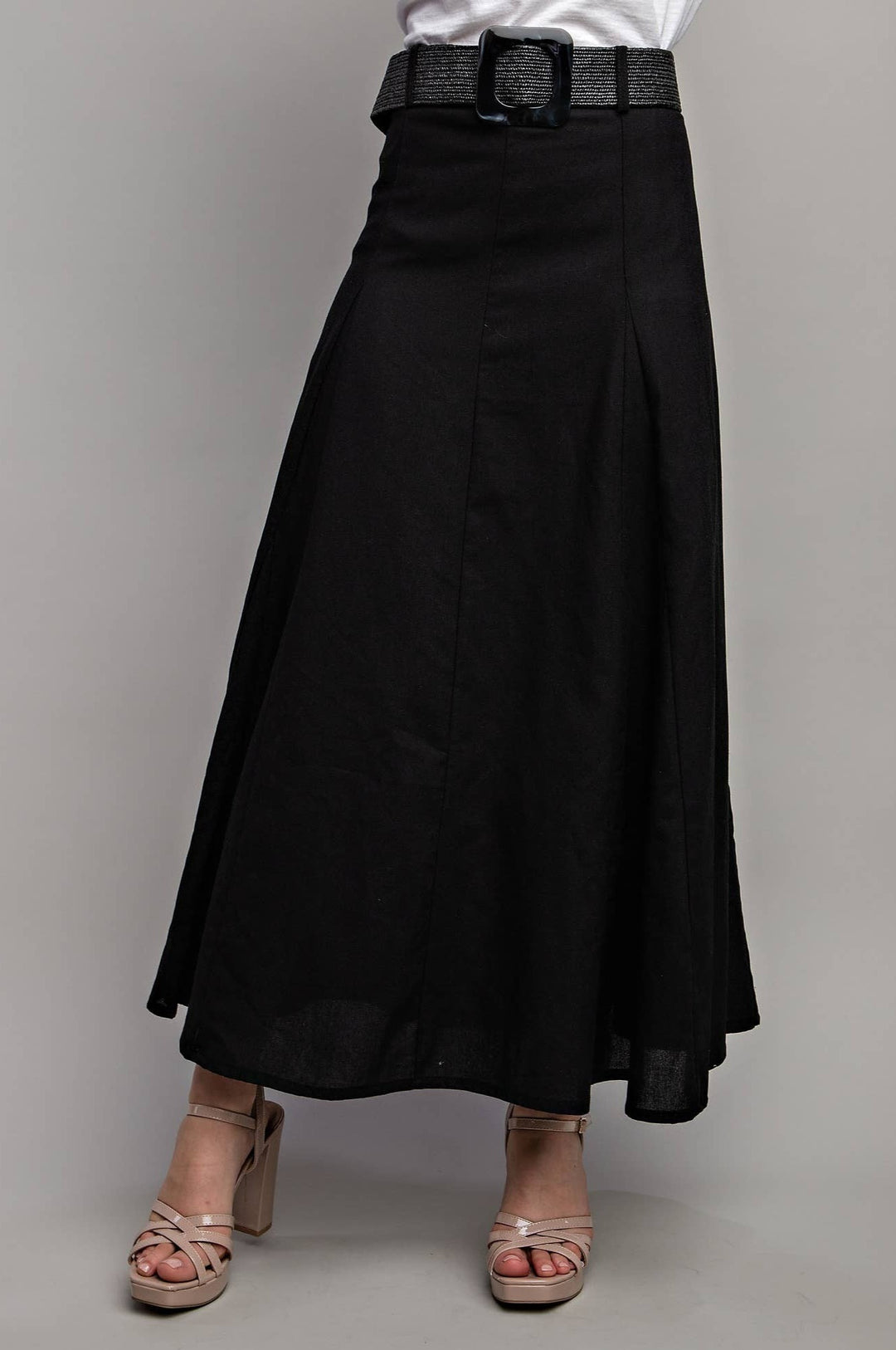 SWEET GENERIS LINEN MAXI FLARE SKIRT + BELT - BLACK