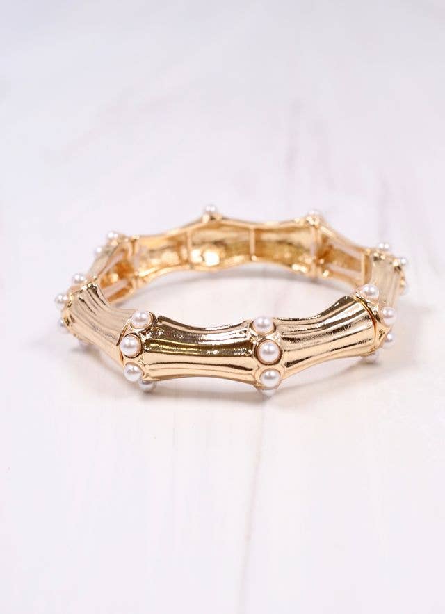 HOLLANDER BAMBOO + PEARLS STRETCH BRACELET - GOLD