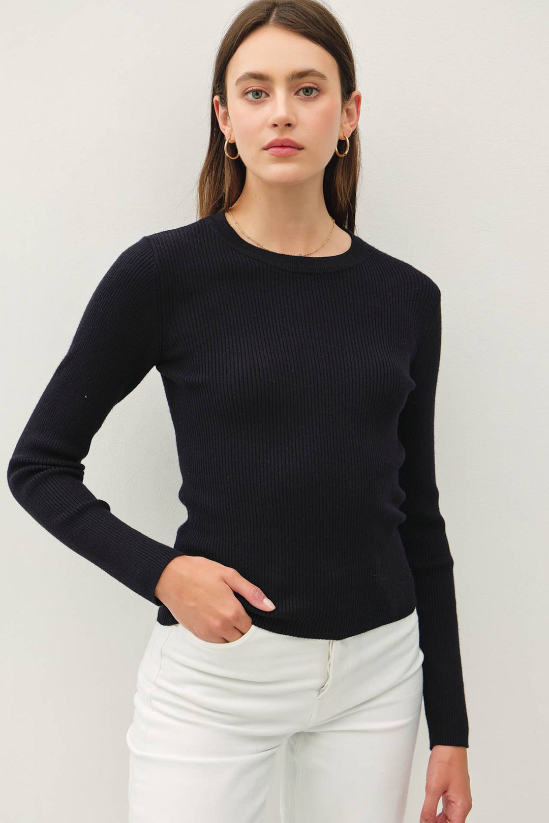 CREWNECK LONG SLEEVE RIB KNIT SWEATER - BLACK