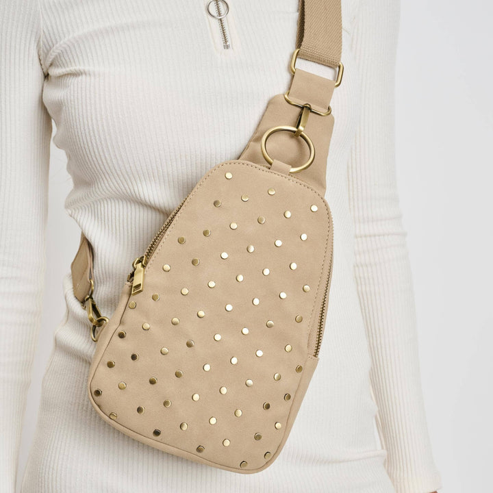 REGINA STUDDED VEGAN LEATHER SLING BACKPACK