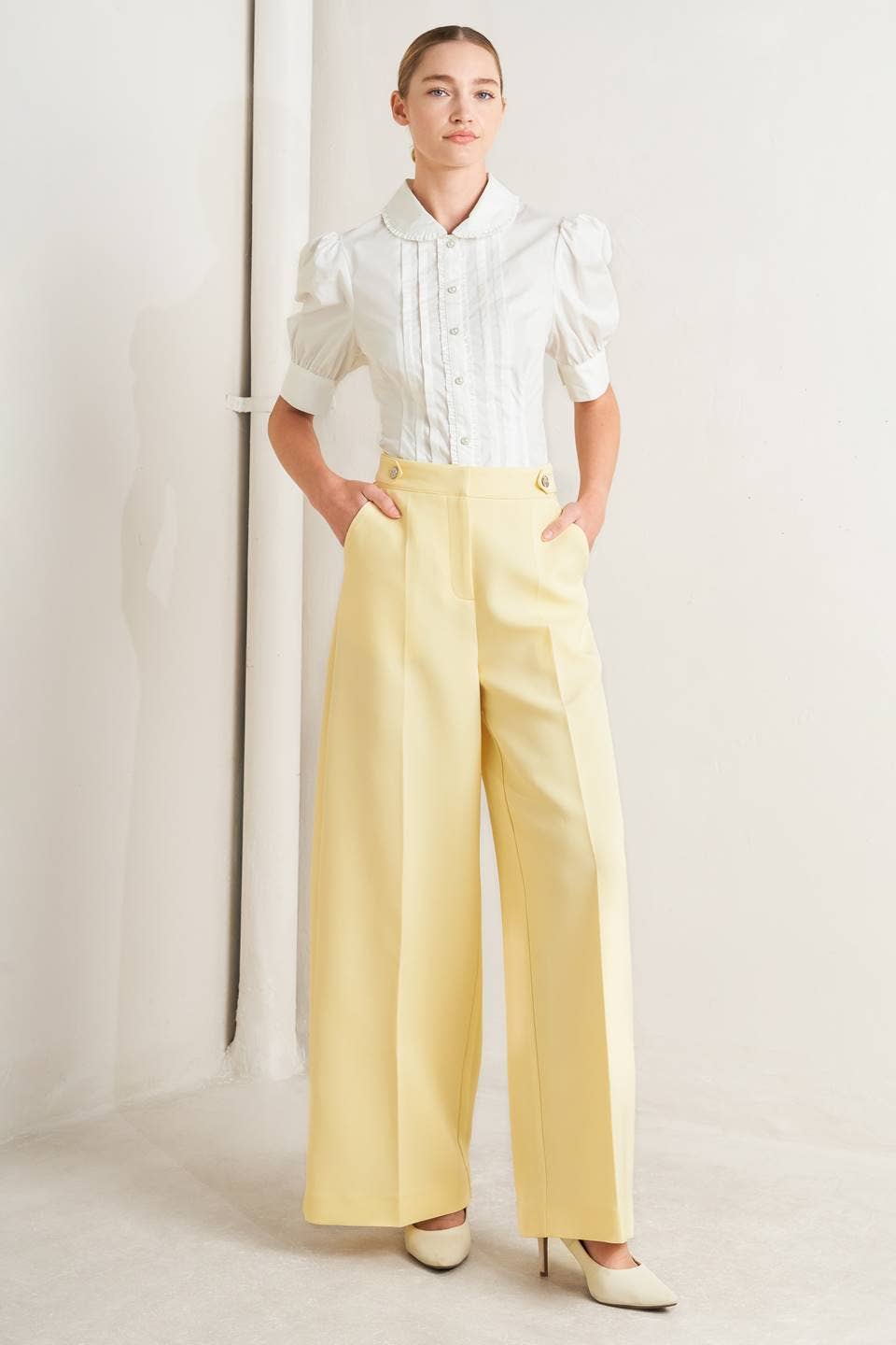 SOLID WOVEN WIDE LEG PANT - LEMON