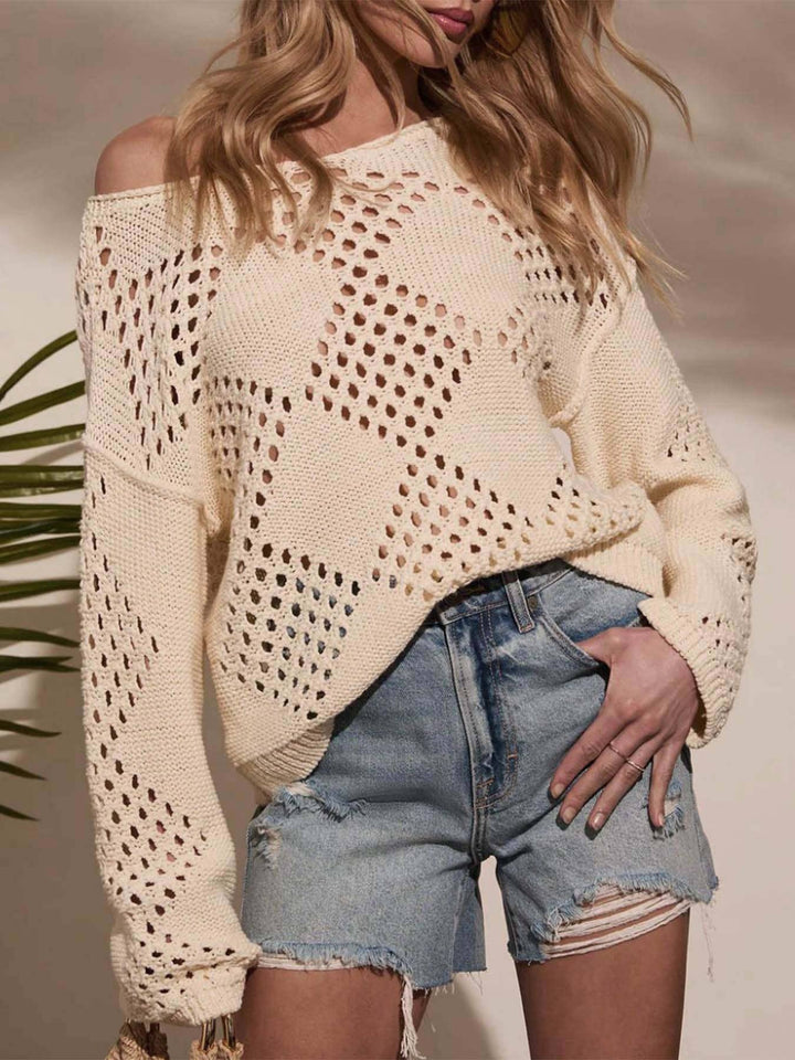 OPEN-WEAVE OFF SHOULDER CROCHET SWEATER - BEIGE