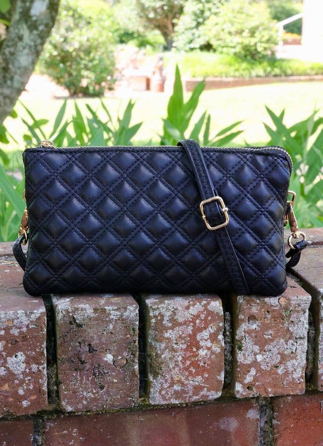 LIZ QUILTED PATENT CROSSBODY BAG - BLACK