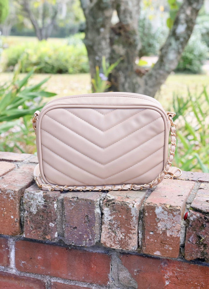 BRYCE V QUILTED VEGAN LEATHER CROSSBODY - TAN