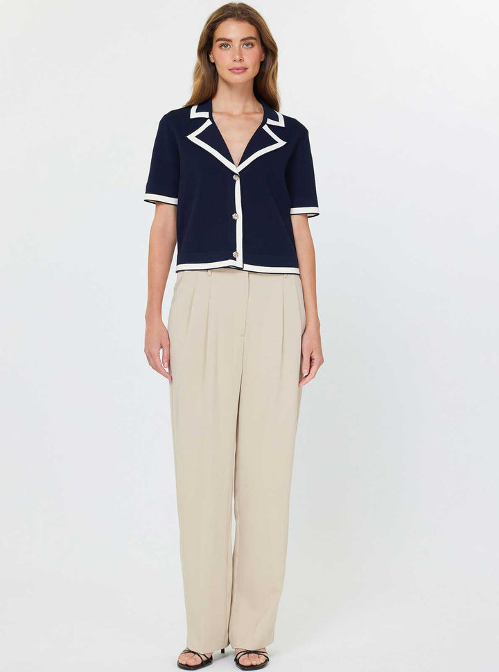 CONTRAST EDGE CROPPED SWEATER JACKET - NAVY