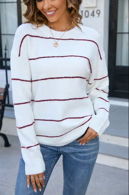 RIBBED KNIT STRIPED SWEATER - WINTER WHITE
