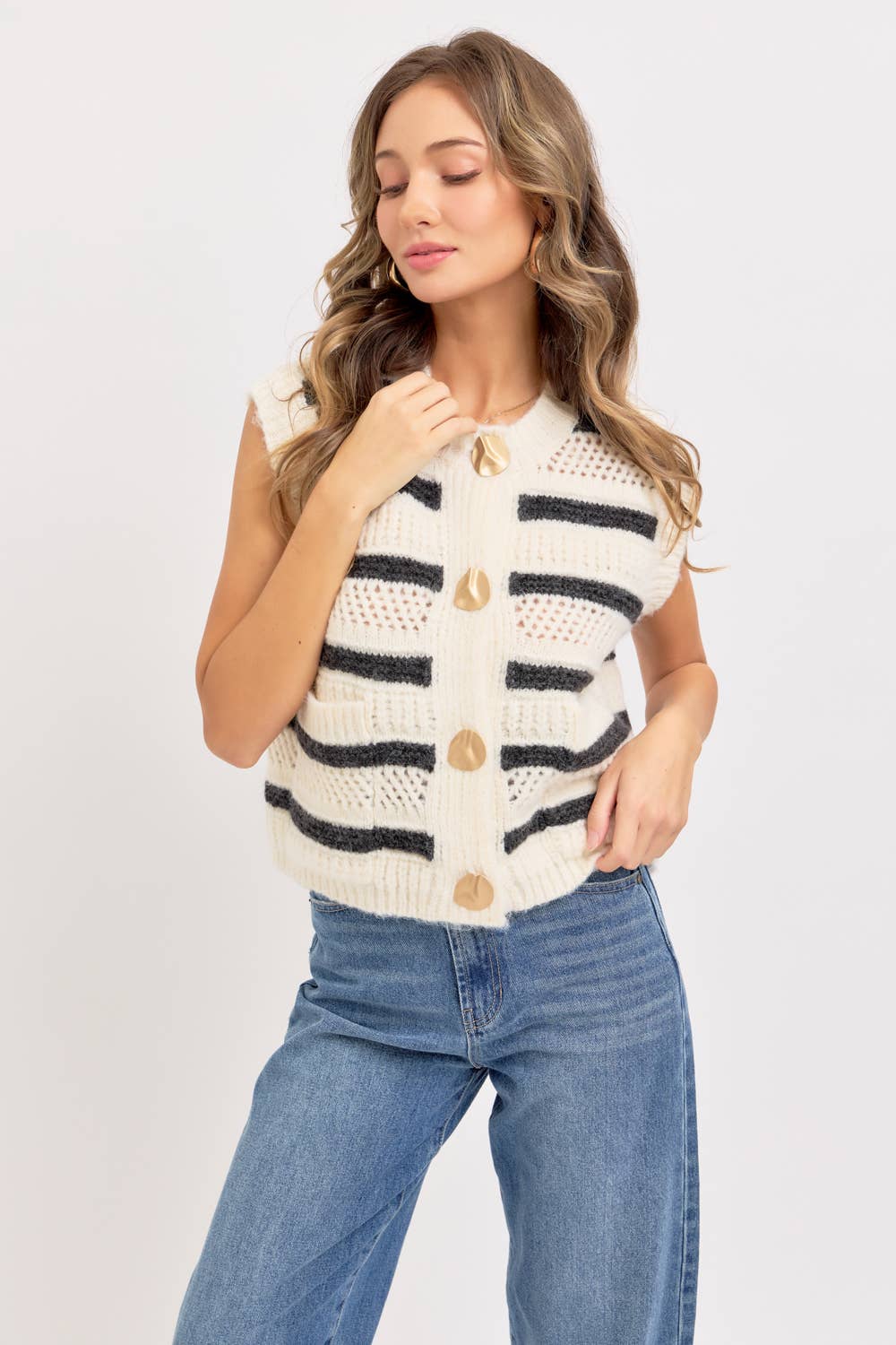 STRIPE SWEATER KNIT SLEEVELESS TOP - CREAM + NAVY