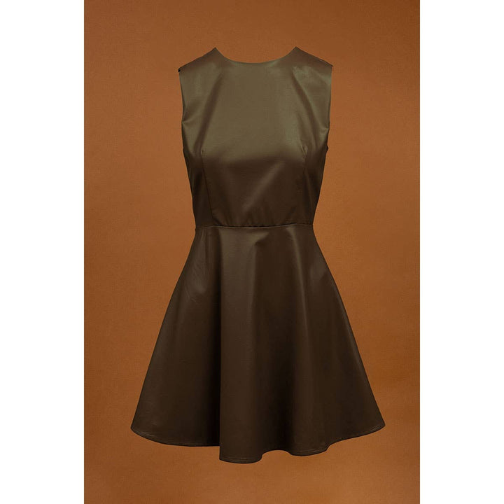 VEGAN LEATHER RACER NECK SKATER DRESS - OLIVE