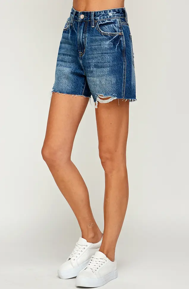 DARK WASH HIGH RISE 4" INSEAM DENIM SHORTS - BLUE