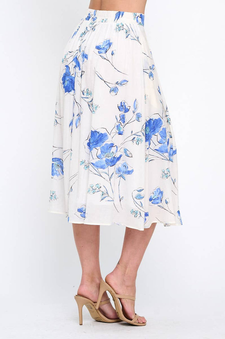 FLORAL PRINT MIDI SKIRT - WHITE + BLUE