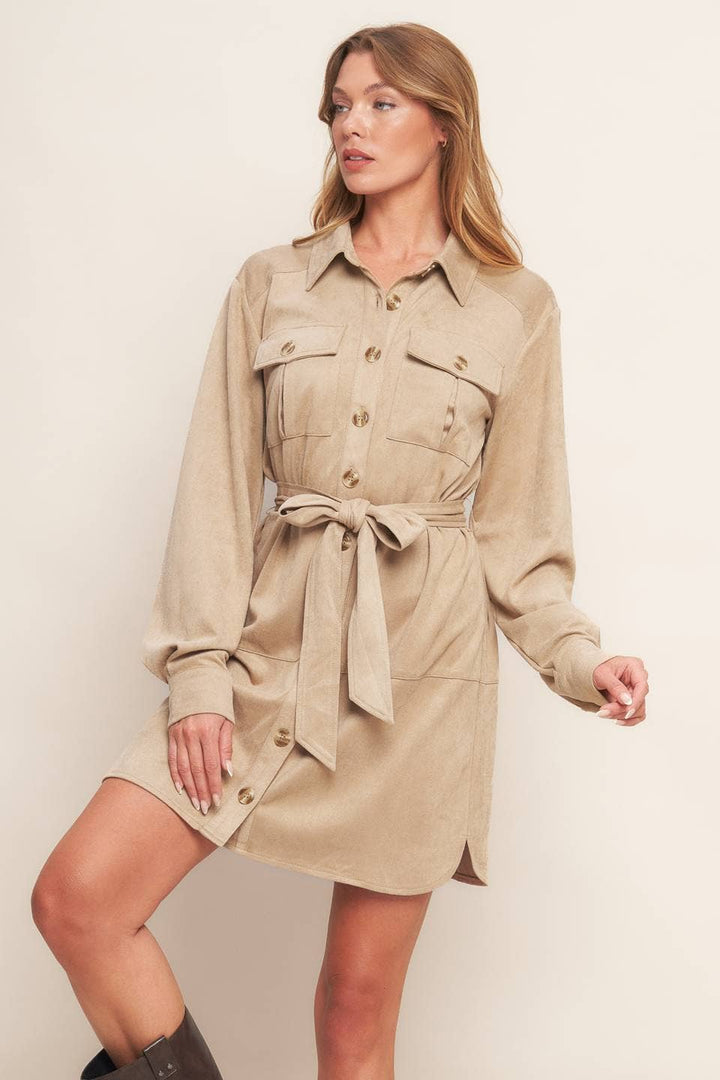 VEGAN SUEDE MINI SHIRT DRESS - CAFE AU LAIT