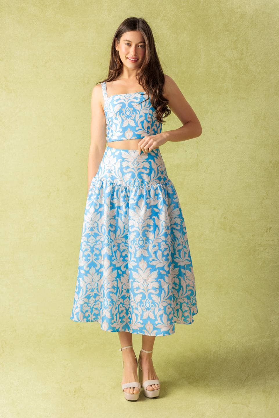 PRINTED WOVEN TOP + SKIRT SET - BLUE + IVORY