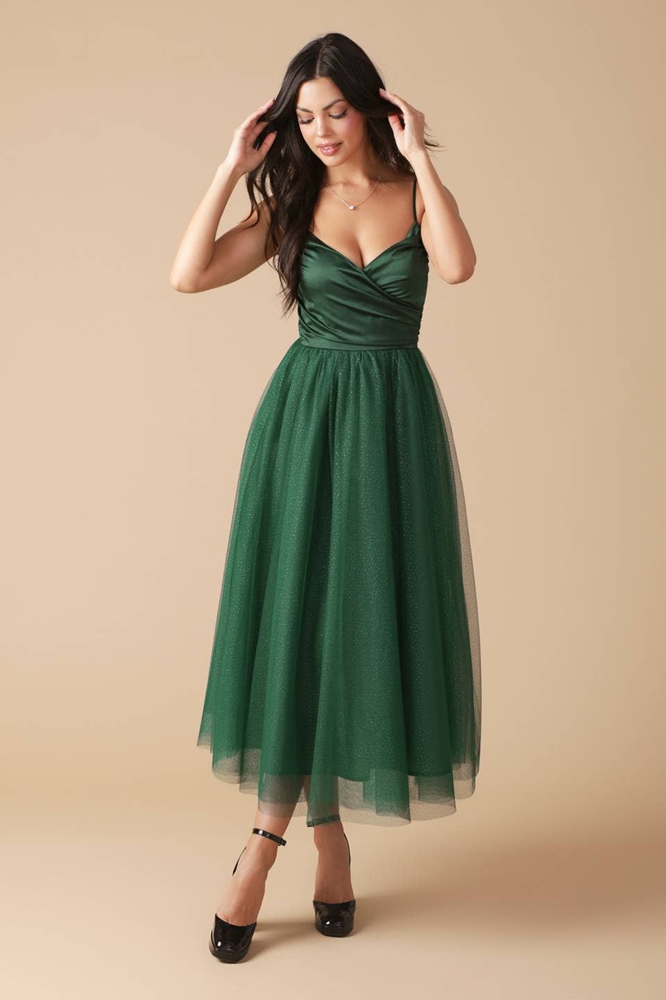 SATIN + TULLE MIDI DRESS - GREEN