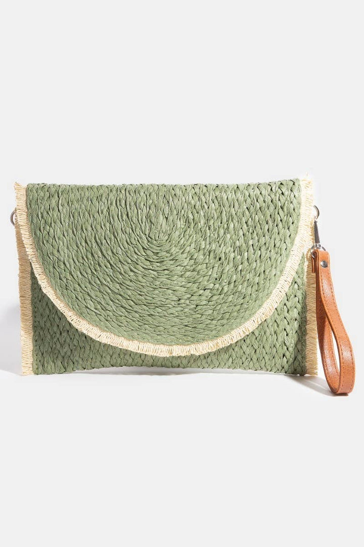 CONTRAST TRIM BRAIDED STRAW ENVELOPE CLUTCH