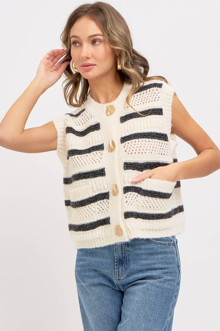 STRIPE SWEATER KNIT SLEEVELESS TOP - CREAM + NAVY