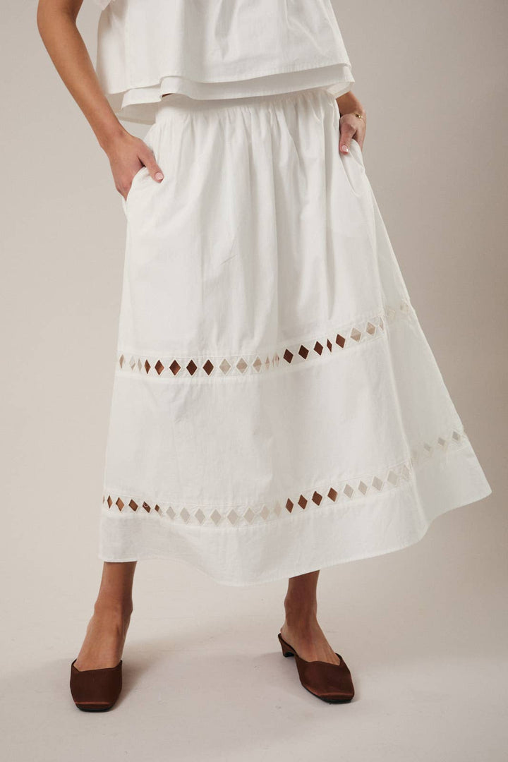 HIGH WAIST CUT OUT DETAIL MIDI SKIRT - MILK WHITE