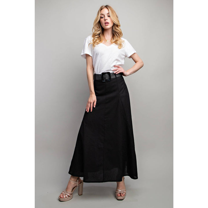 SWEET GENERIS LINEN MAXI FLARE SKIRT + BELT - BLACK