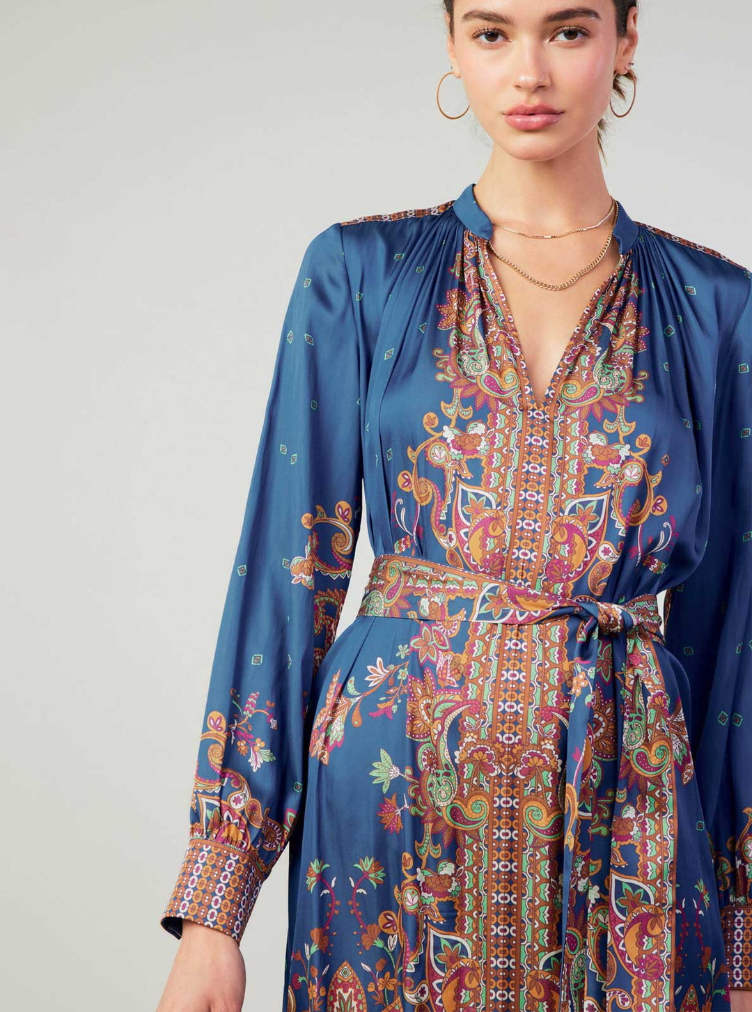 PAISLEY PRINT MANDARIN COLLAR MIDI SATIN DRESS - NAVY