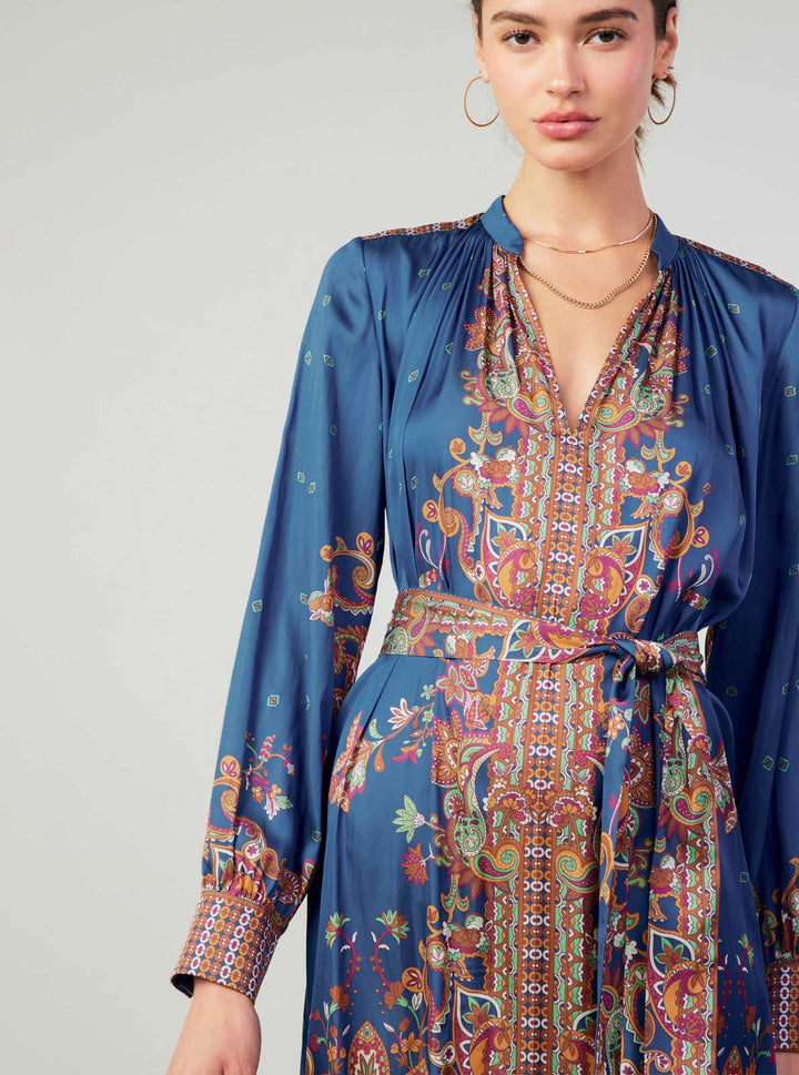 PAISLEY PRINT MANDARIN COLLAR MIDI SATIN DRESS - NAVY