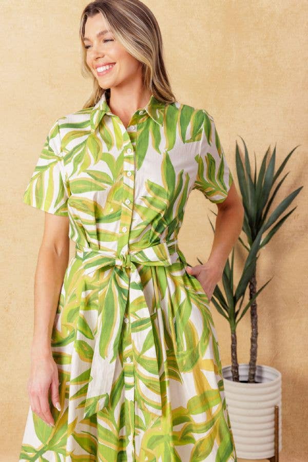 TROPICAL PALM PRINTED WOVEN MIDI DRESS - GREEN