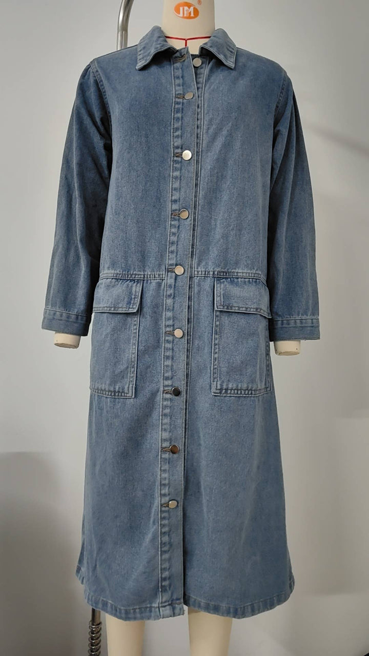 WASHED DENIM CASUAL LONG COAT TOP: BLUE / (S) 1