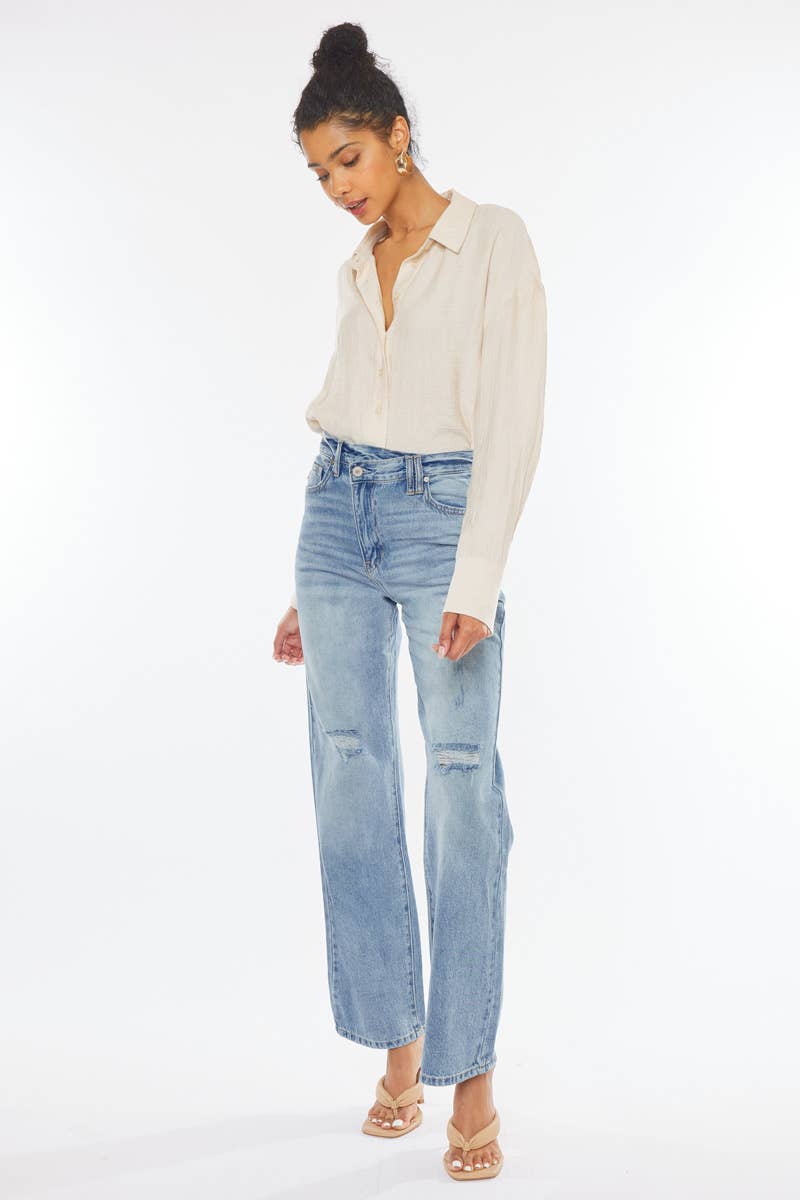 KAN CAN STRAIGHT LEG 90'S JEANS WITH CROSS OVER WAISTBAND