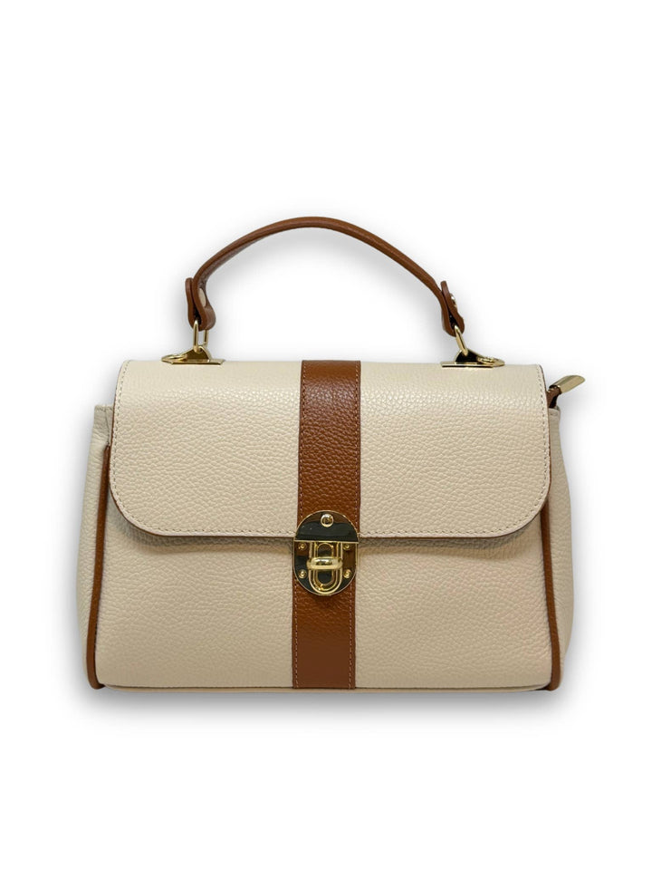CONTRAST TRIM LEATHER SATCHEL HANDBAG - CAMEL + BEIGE