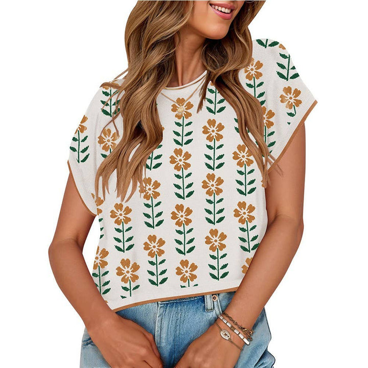 SHORT SLEEVE CROPPED KNIT FLORAL SWEATER - KHAKI