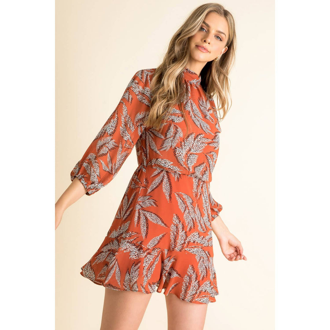 GEO PRINT MINI DRESS - BURNT SIENNA