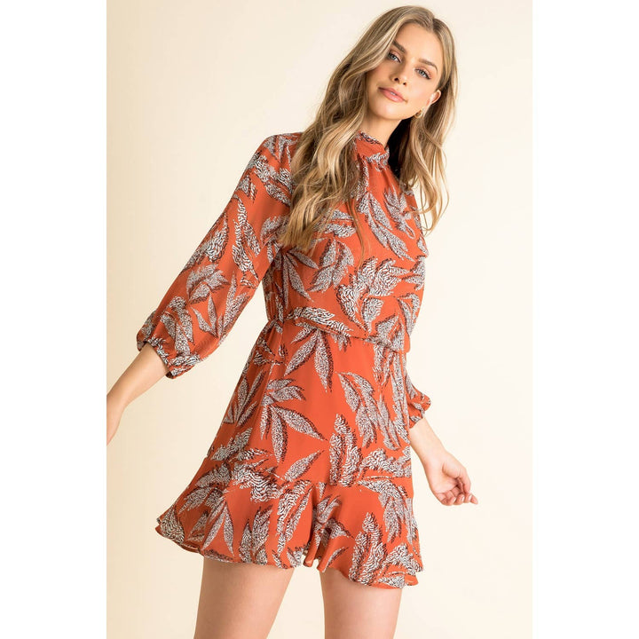 GEO PRINT MINI DRESS - BURNT SIENNA