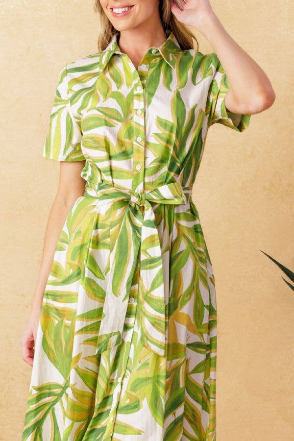 TROPICAL PALM PRINTED WOVEN MIDI DRESS - GREEN