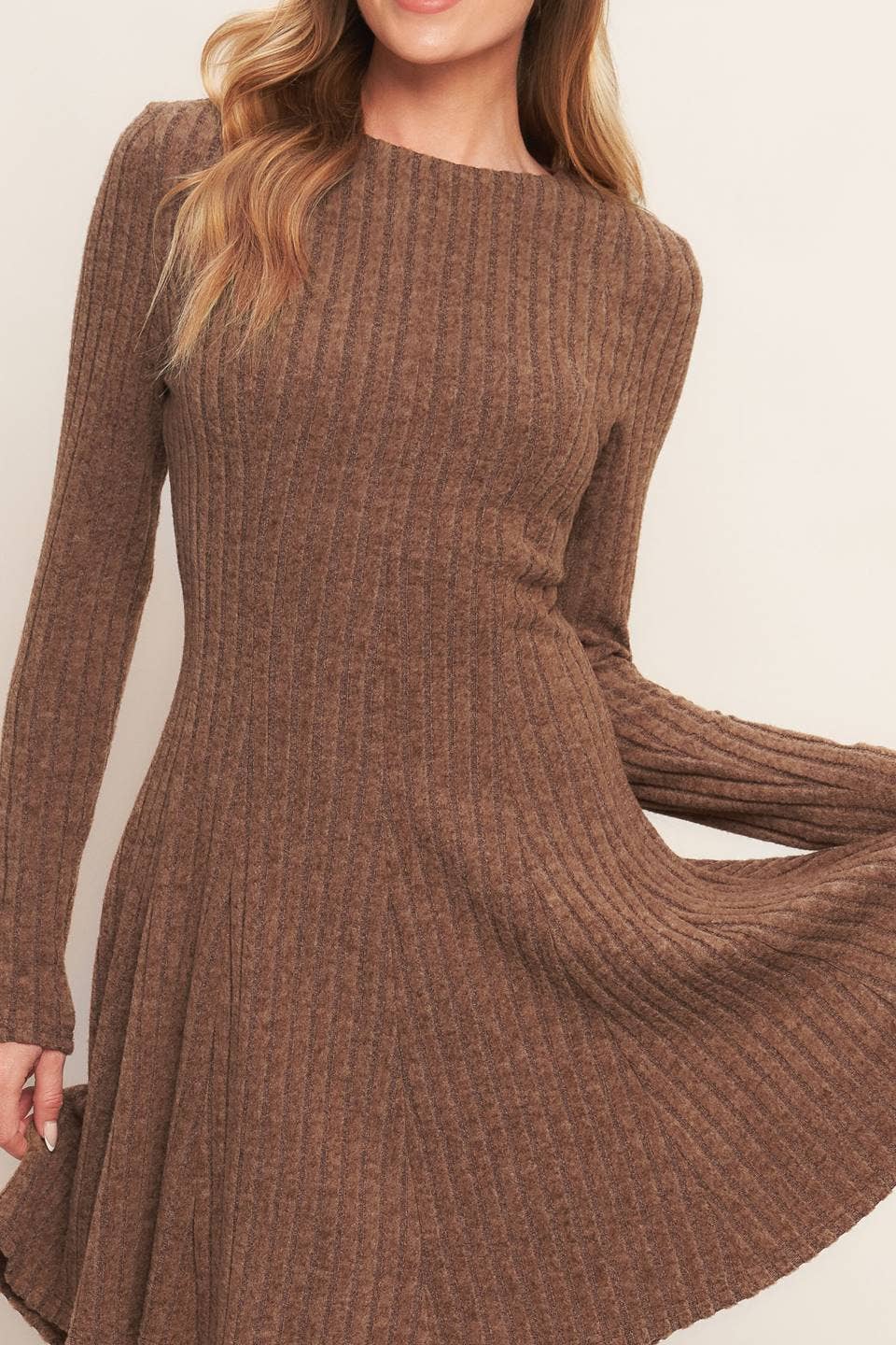 BRUSHED RIBBED KNIT MINI DRESS - BURNT TOFFEE
