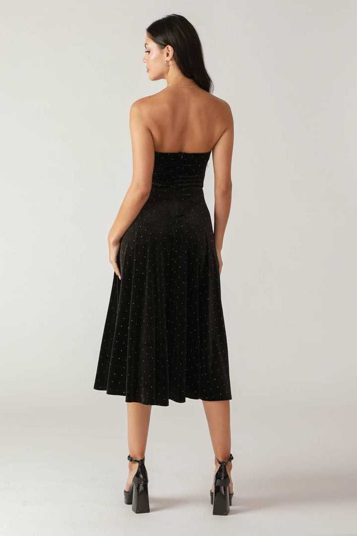 EMBELLISHED VELVET STRAPLESS MIDI DRESS - BLACK