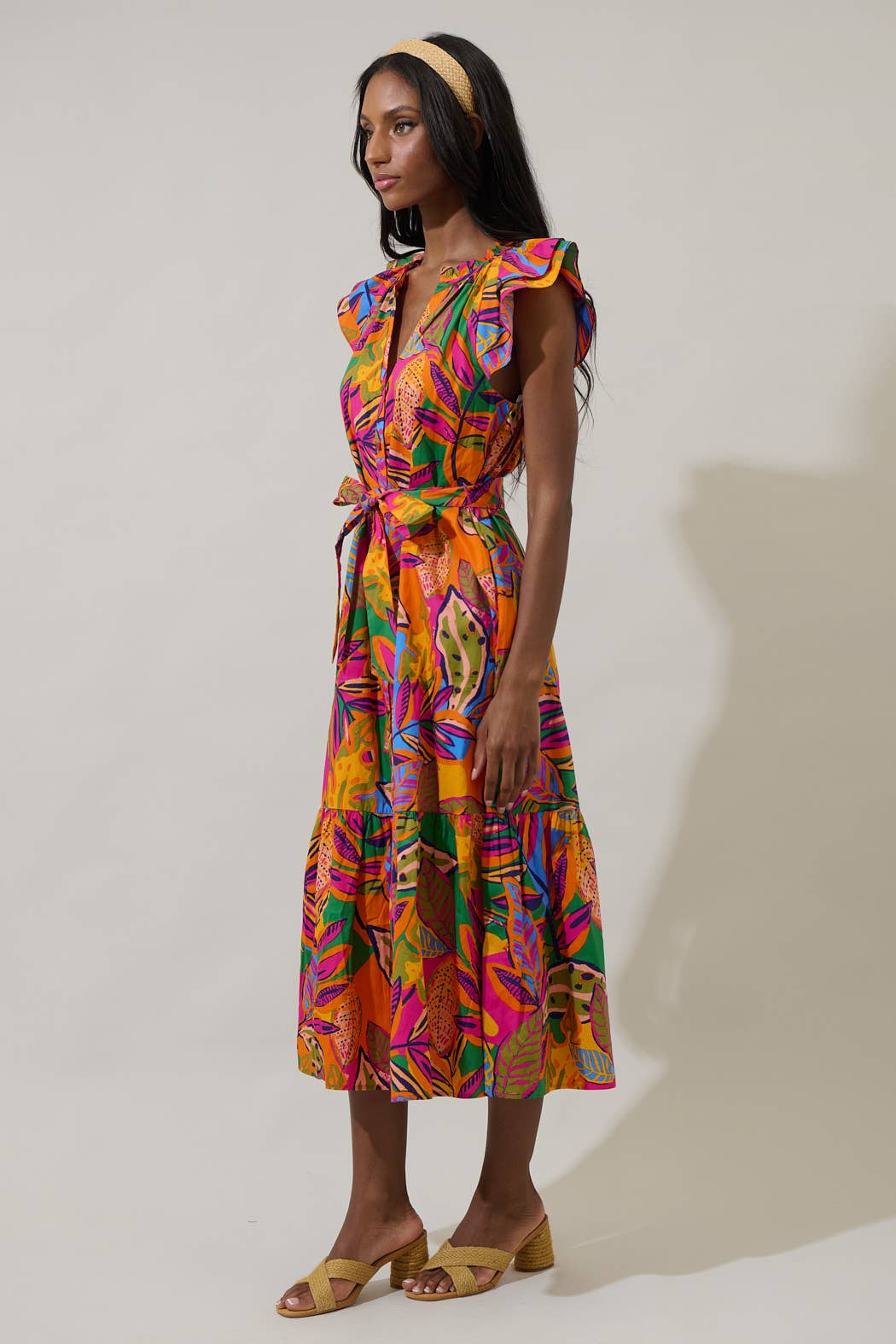 MILANA FLORAL DYNAMITE BUTTON DOWN MIDI DRESS - MULTI