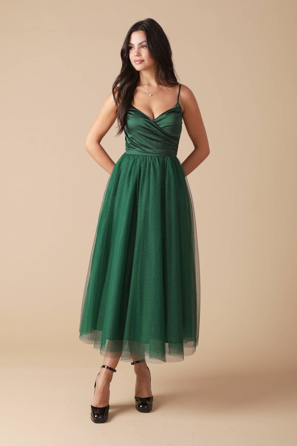 SATIN + TULLE MIDI DRESS - GREEN Large SATIN + TULLE MIDI DRESS - GREEN Large