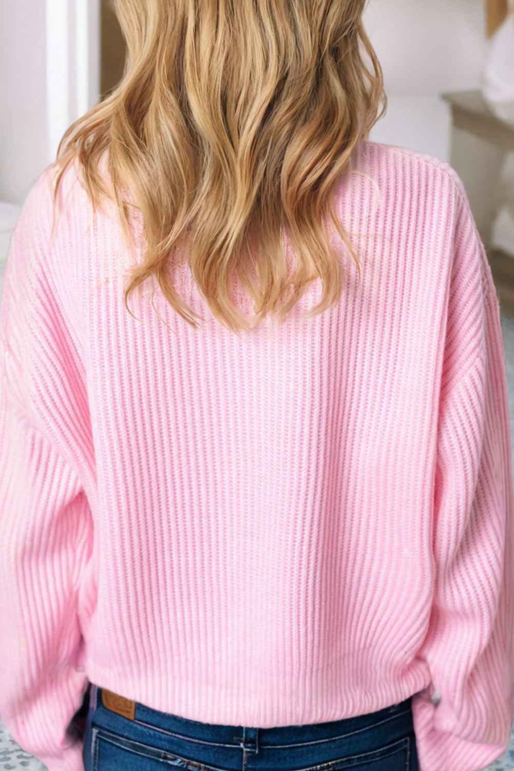 MERRY + BRIGHT POP UP LETTER WAFFLE KNIT SWEATER - PINK