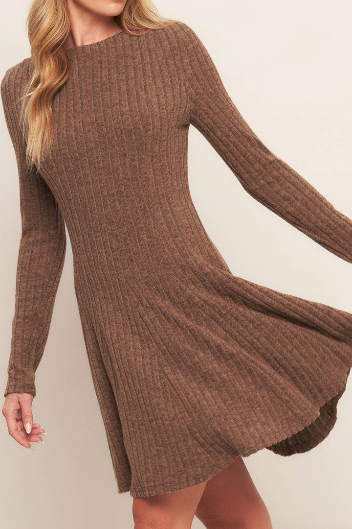 BRUSHED RIBBED KNIT MINI DRESS - BURNT TOFFEE