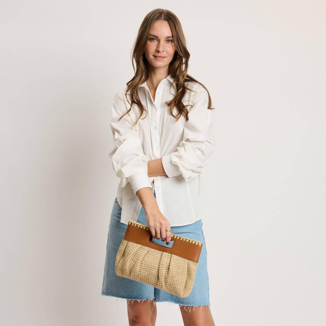 VALENTINA WOVEN + VEGAN LEATHER CROSSBODY - TAN + CAMEL