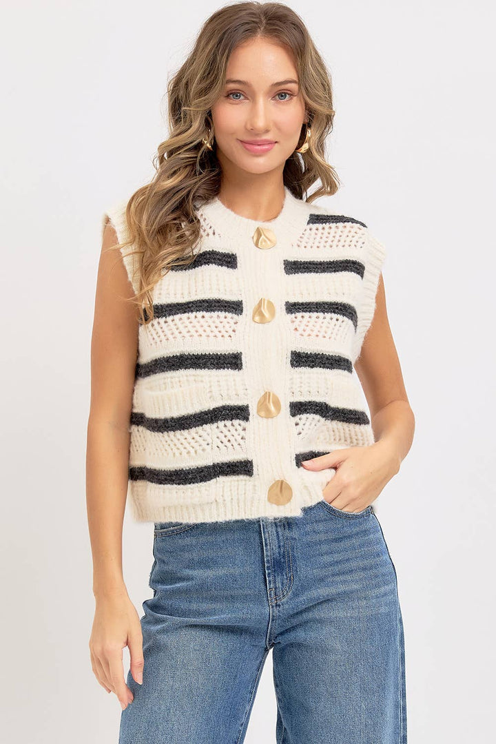 STRIPE SWEATER KNIT SLEEVELESS TOP - CREAM + NAVY