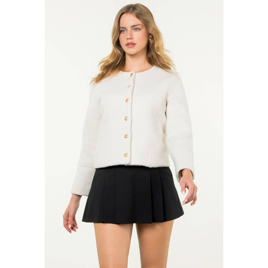 BUTTON UP BOUCLE JACKET - CREAM