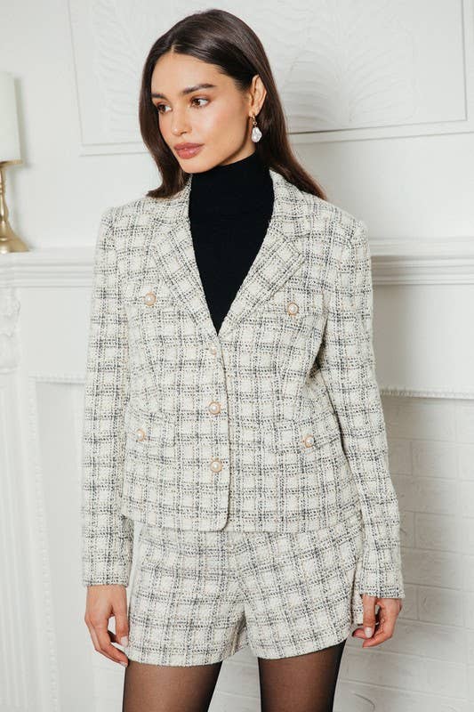 PLAID TWEED BUTTON DOWN LADY JACKET - BLACK + WHITE