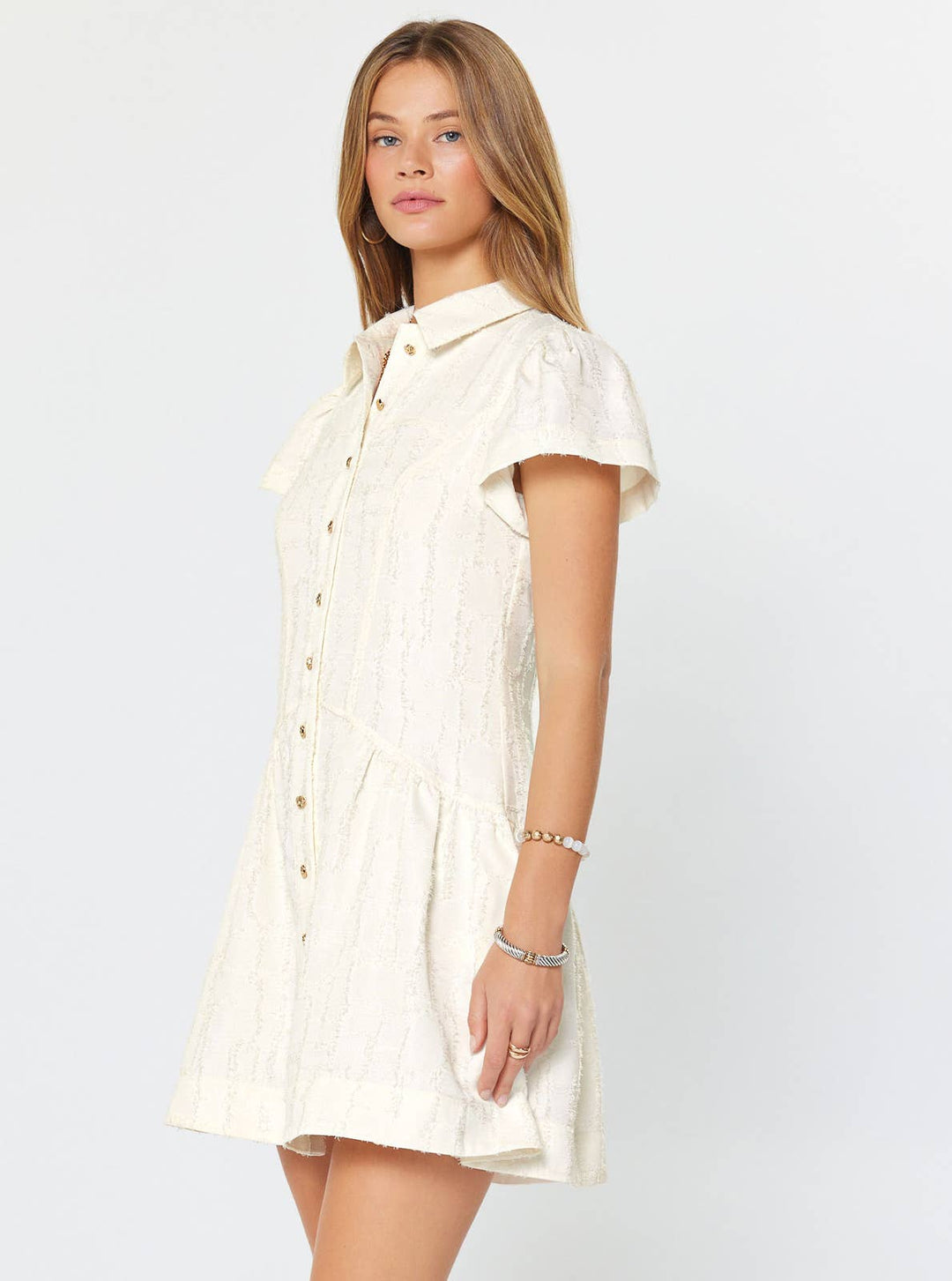 TEXTURED BUTTON DOWN MINI DRESS - CREAM