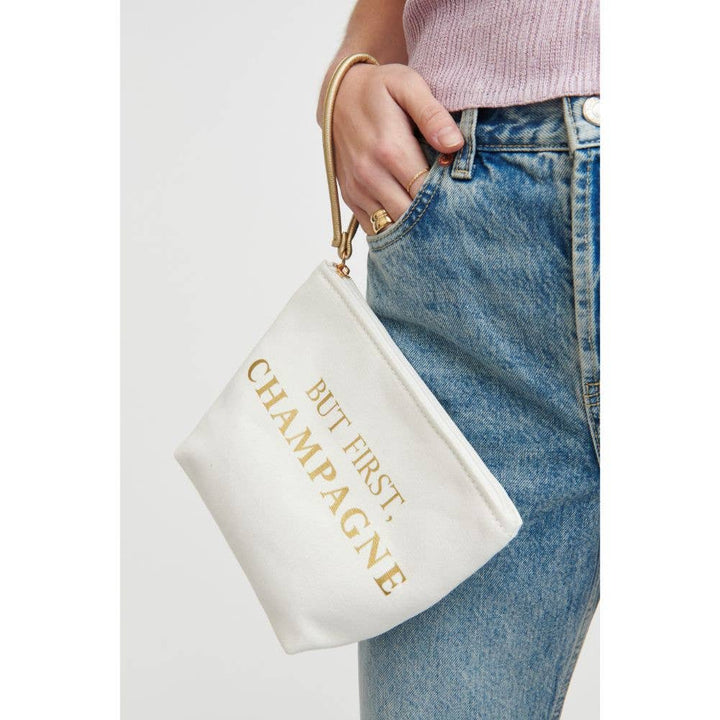 Printed Canvas Wristlet Cosmetic Make Up Bag Pouch: But First
