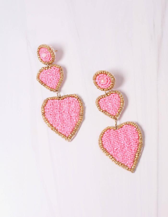 LOVE STORY BEADED HEART EARRINGS - LIGHT PINK