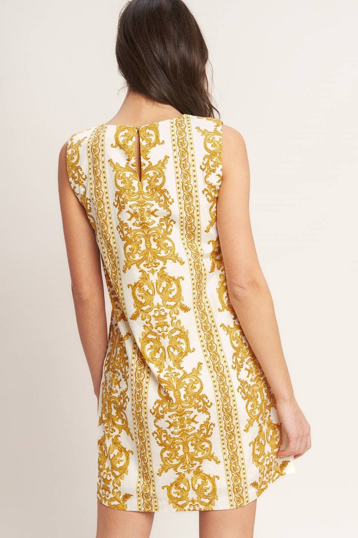 PRINTED WOVEN MINI SHIFT DRESS - YELLOW + WHITE