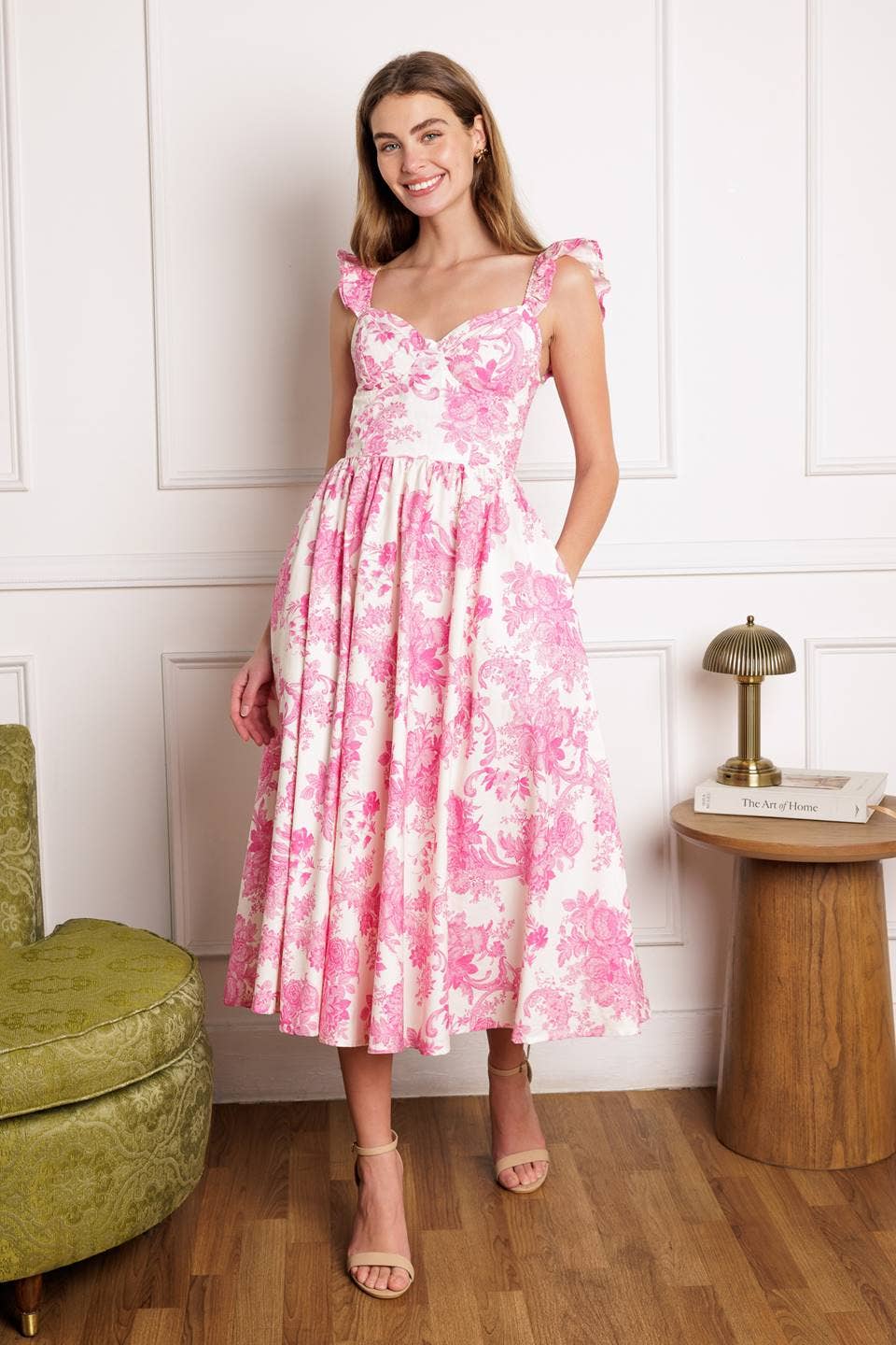 FLORAL PRINTED WOVEN MIDI DRESS - PETAL PINK