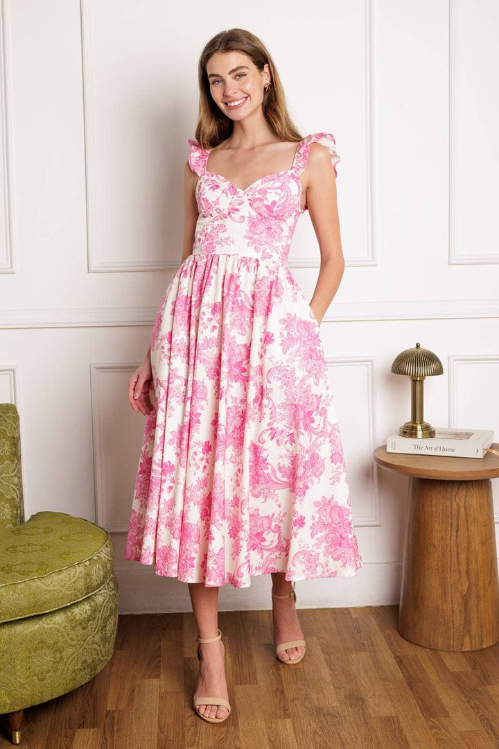 FLORAL PRINTED WOVEN MIDI DRESS - PETAL PINK