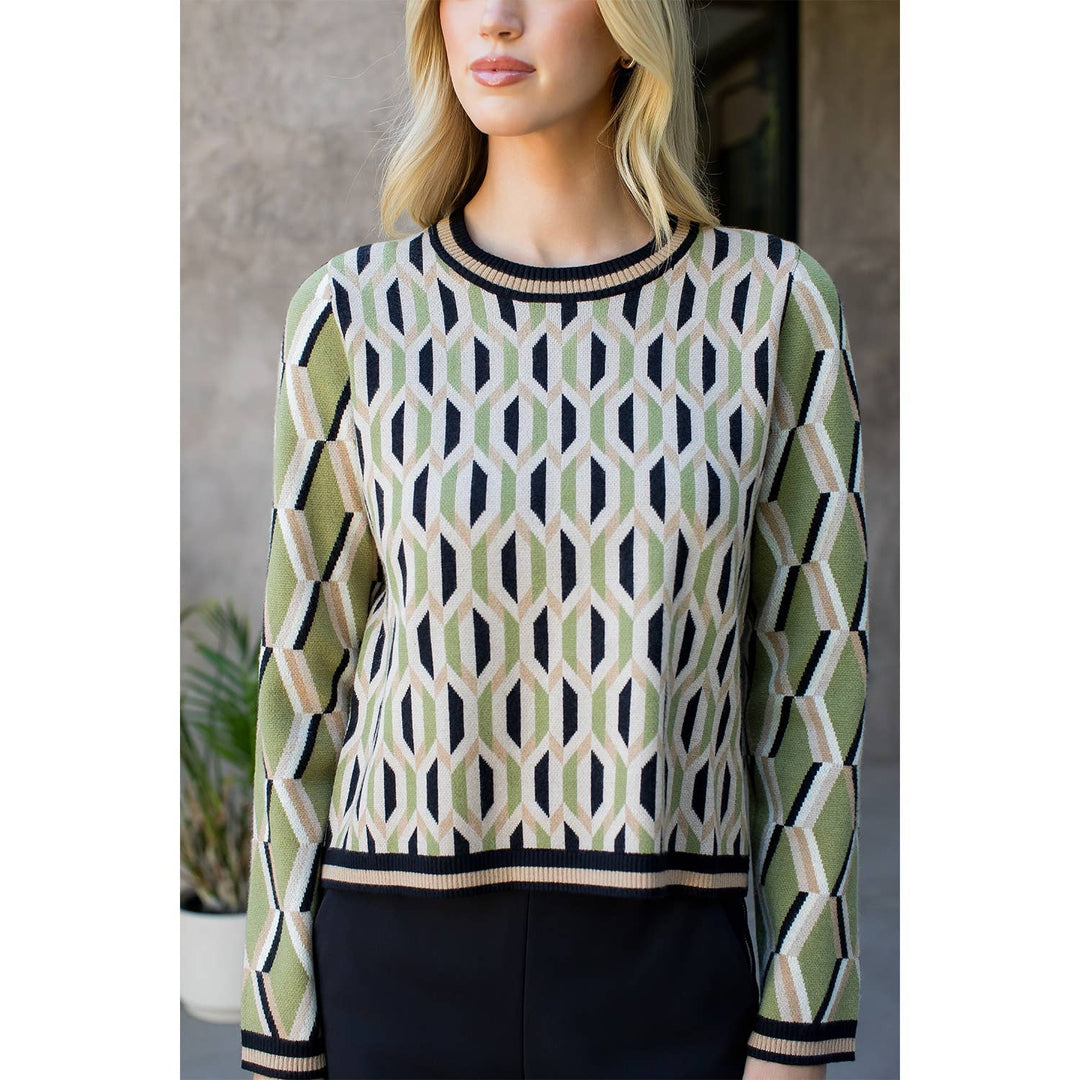 RETRO PATTERNED KNIT SWEATER - AVOCADO GREEN