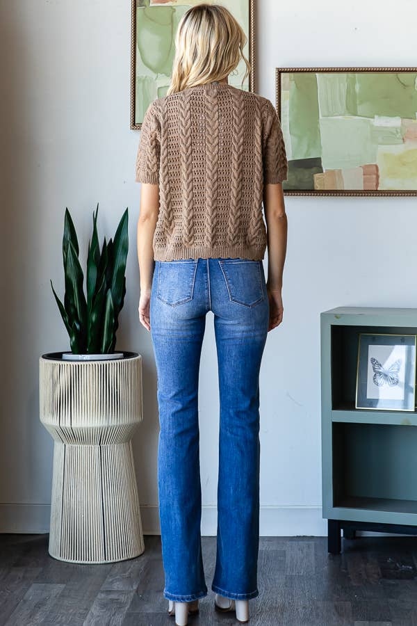 CABLE KNIT CROCHET SHORT SLEEVE SWEATER TOP - TAN