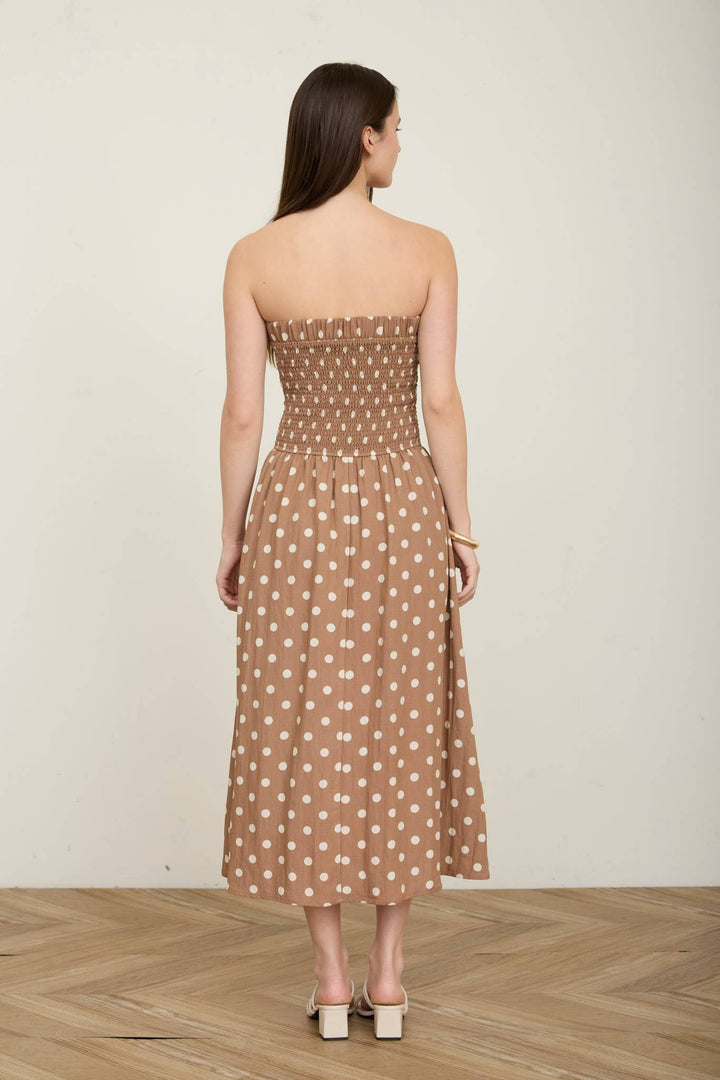 POLKA DOT STRAPLESS MIDI DRESS - MOCHA
